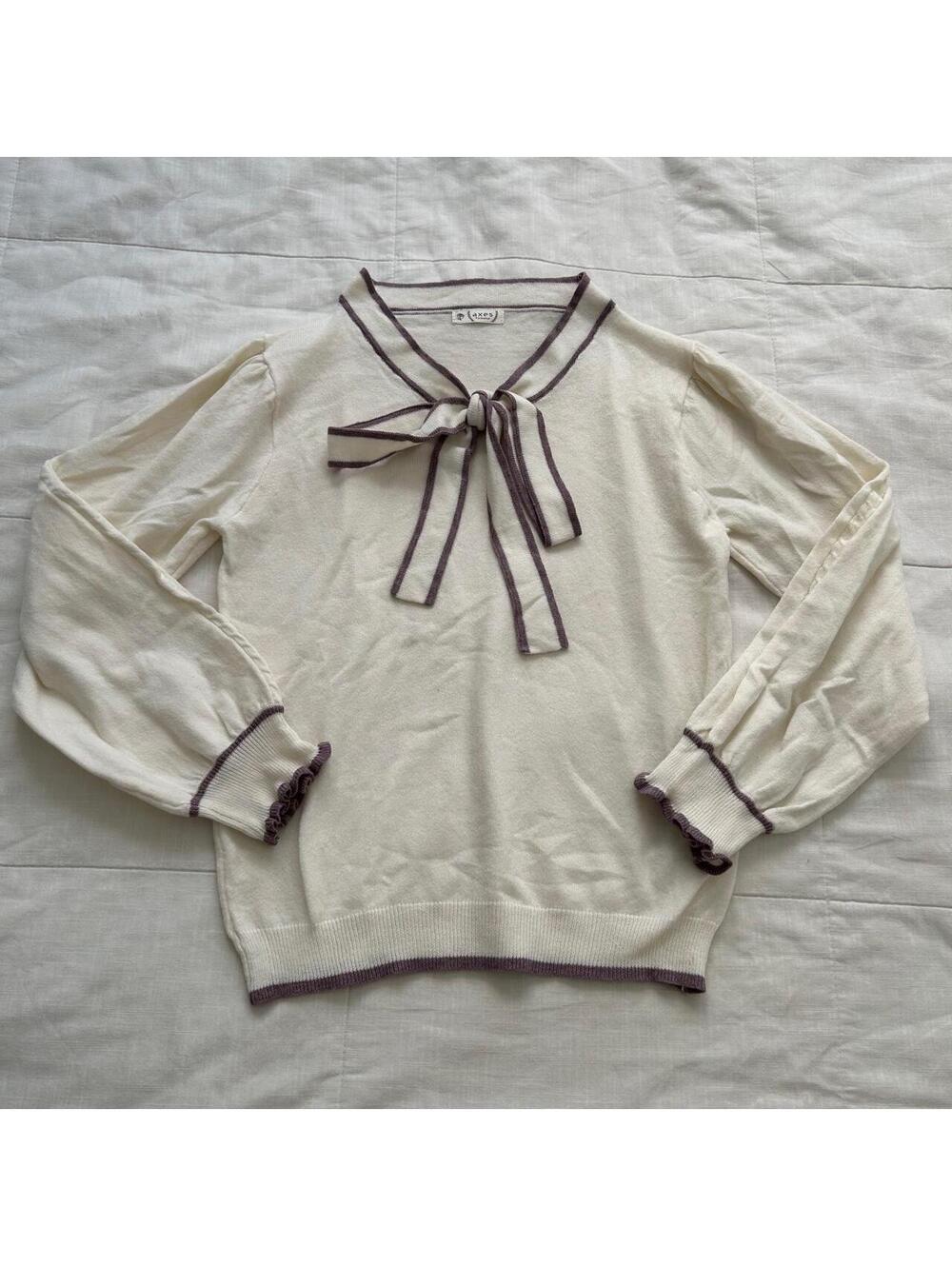 Axes Femme Cream White Bow Tie Sweater Contrast Trim Size M Japan